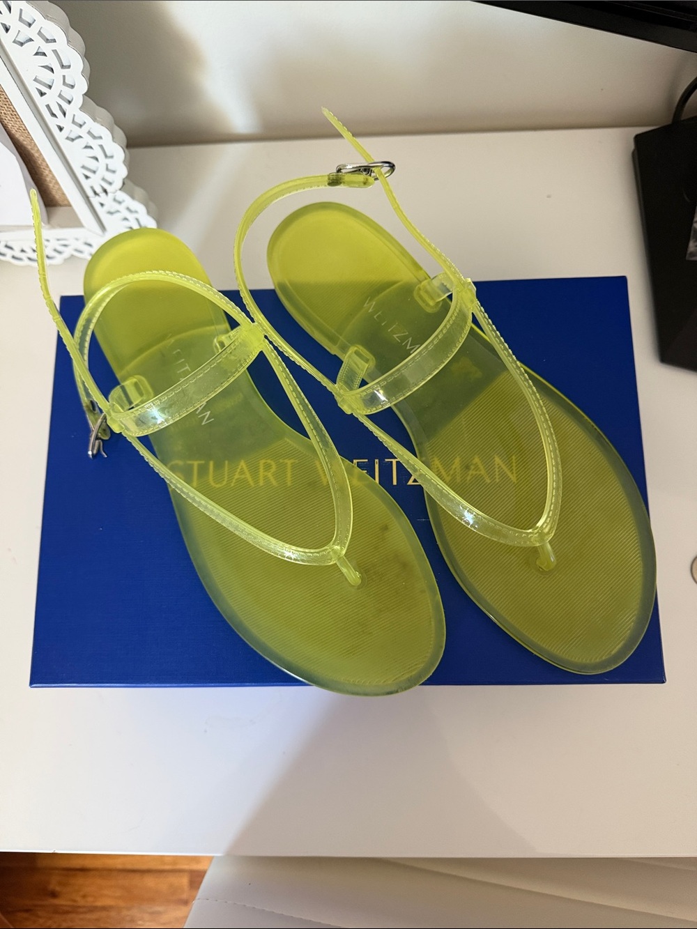 Stuart Weitzman Neon Yellow Jelly Thong Sandals with Ankle Strap